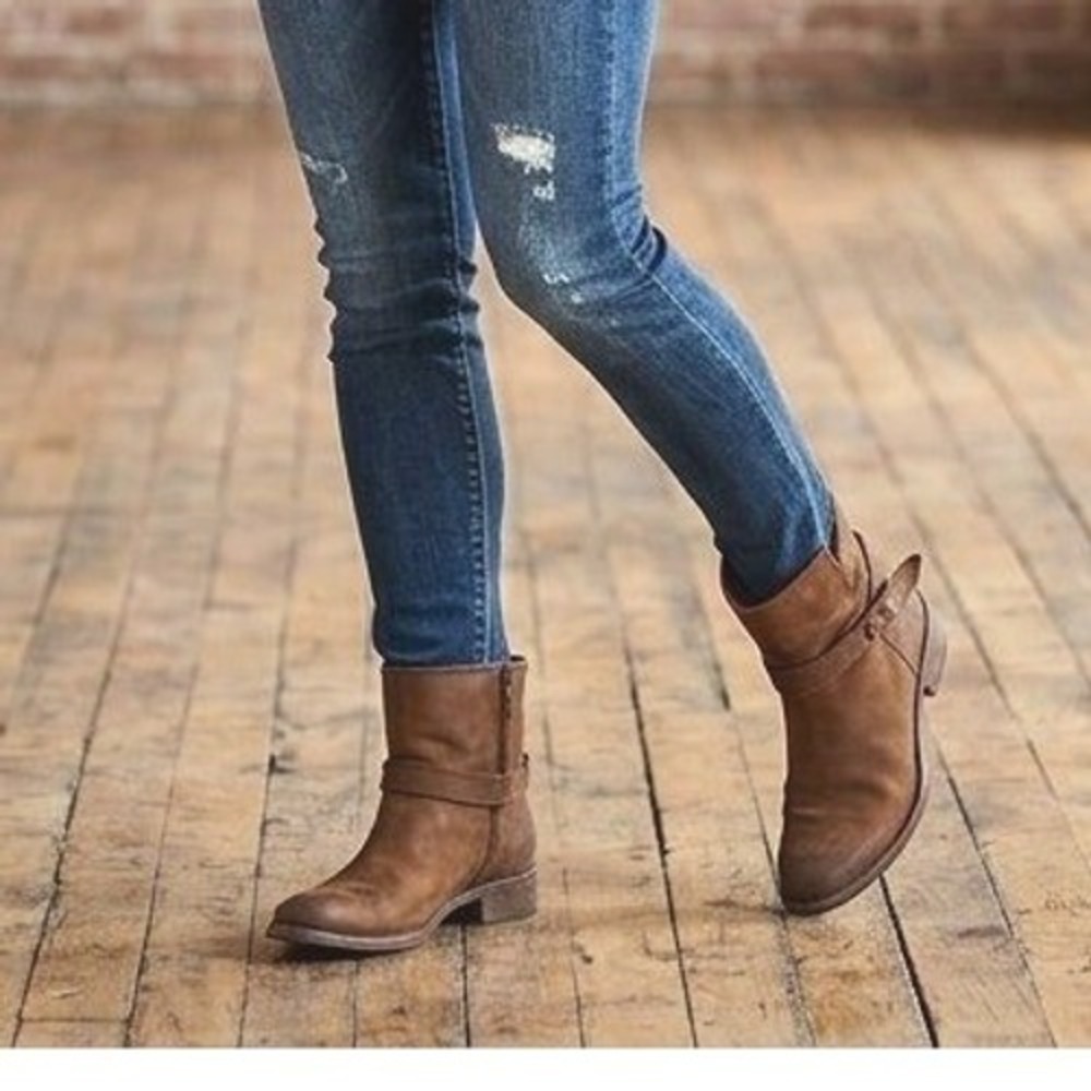 Madewell Brown Leather Biker Ankle Boots Moto Strap Round Toe Size 9